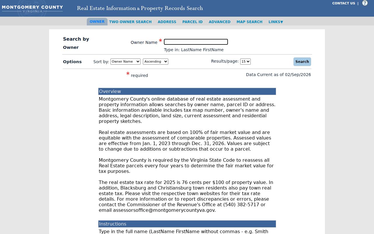 Blacksburg residents directory Montgomery County assessor owner search