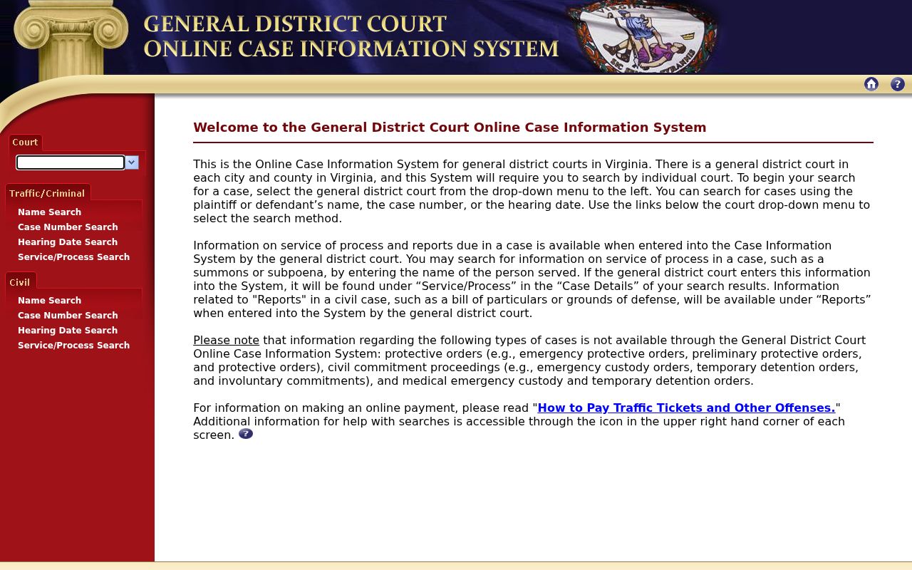 Virginia General District Court search fields for Montgomery County near Blacksburg