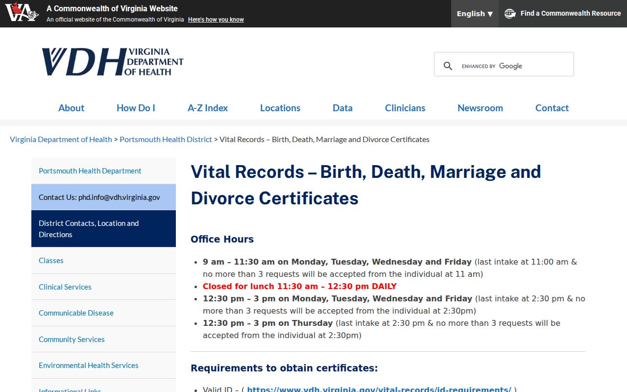 Virginia vital record application categories for a Blacksburg resident records request