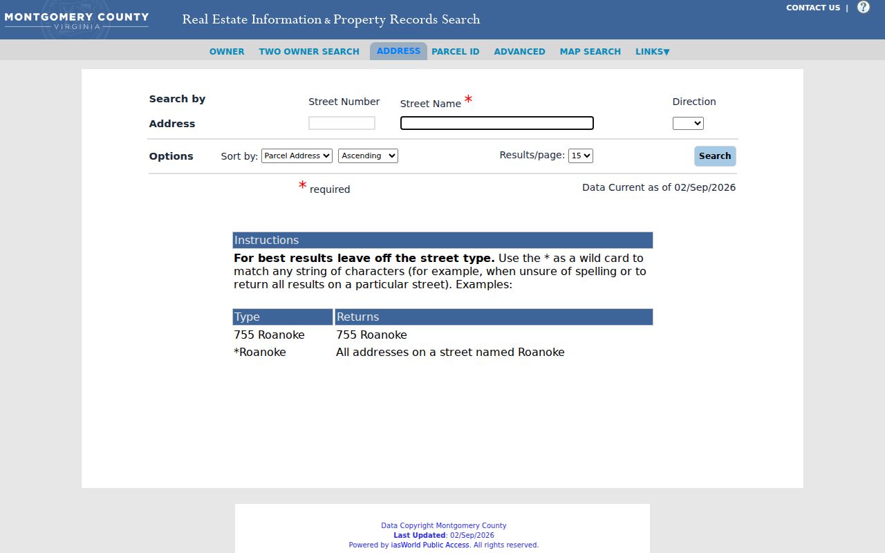 Blacksburg street directory Montgomery County address search fields