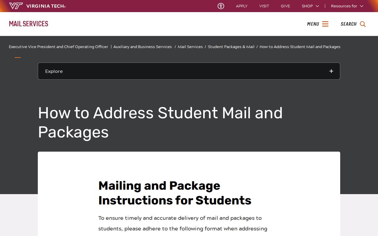 Virginia Tech Blacksburg 24061 campus mail address formats
